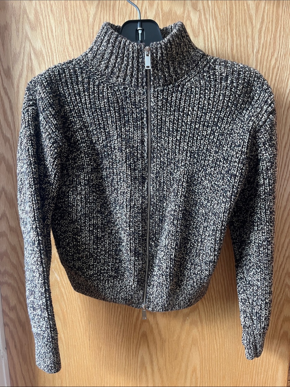 Mango Black, brown, tan & White Marled Zip-Front Turtleneck Sweater